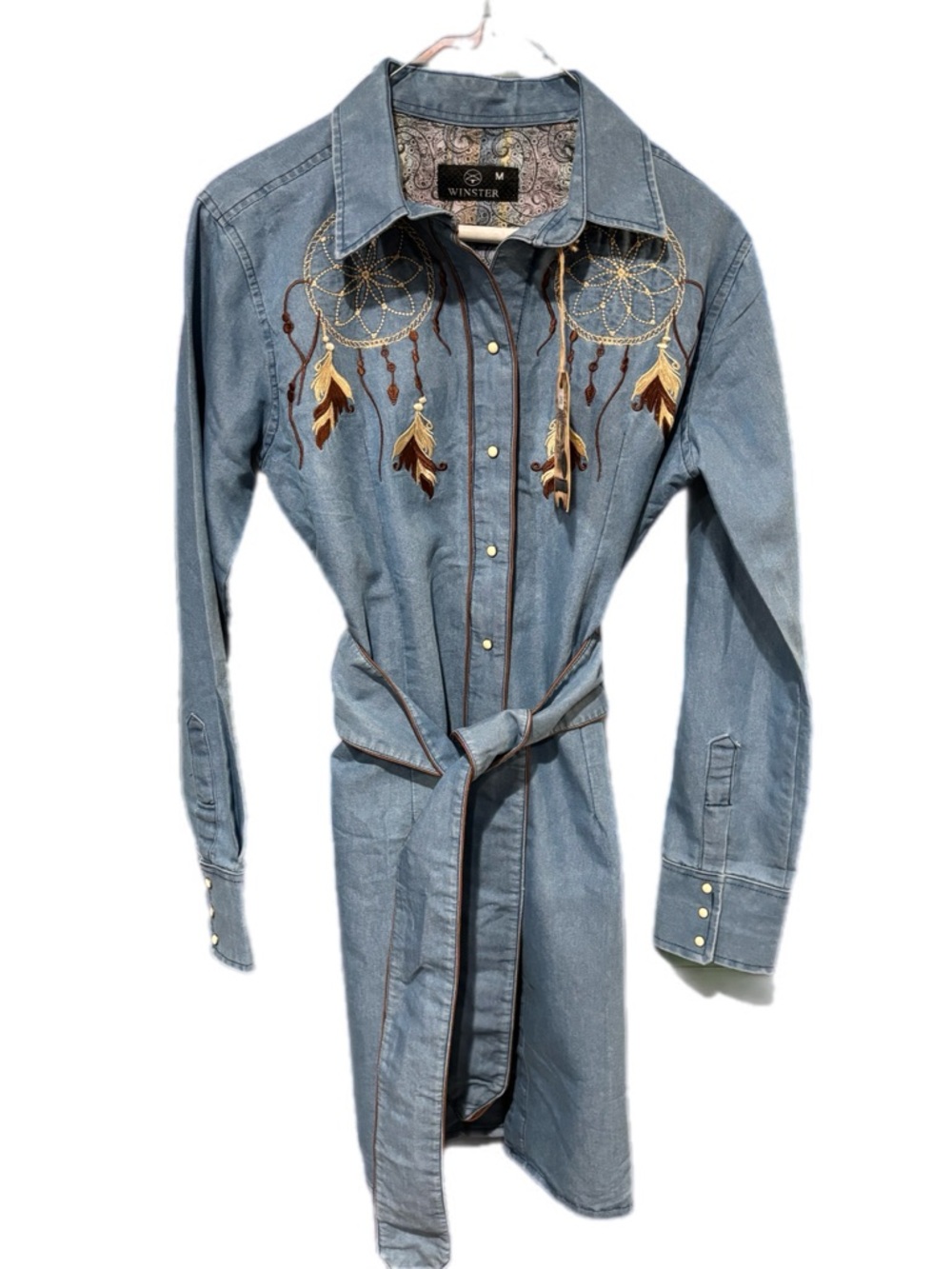 Winster Western Denim Dress Medium Embroidered Dreamcatcher Tie Belt Boho NWT - Picture 3 of 11